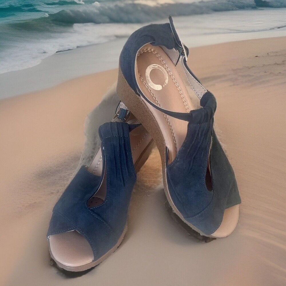 Journee Collection Kedzie Wedge Open Toe Sandals Womens 5.5 Teal Comfort Y2K